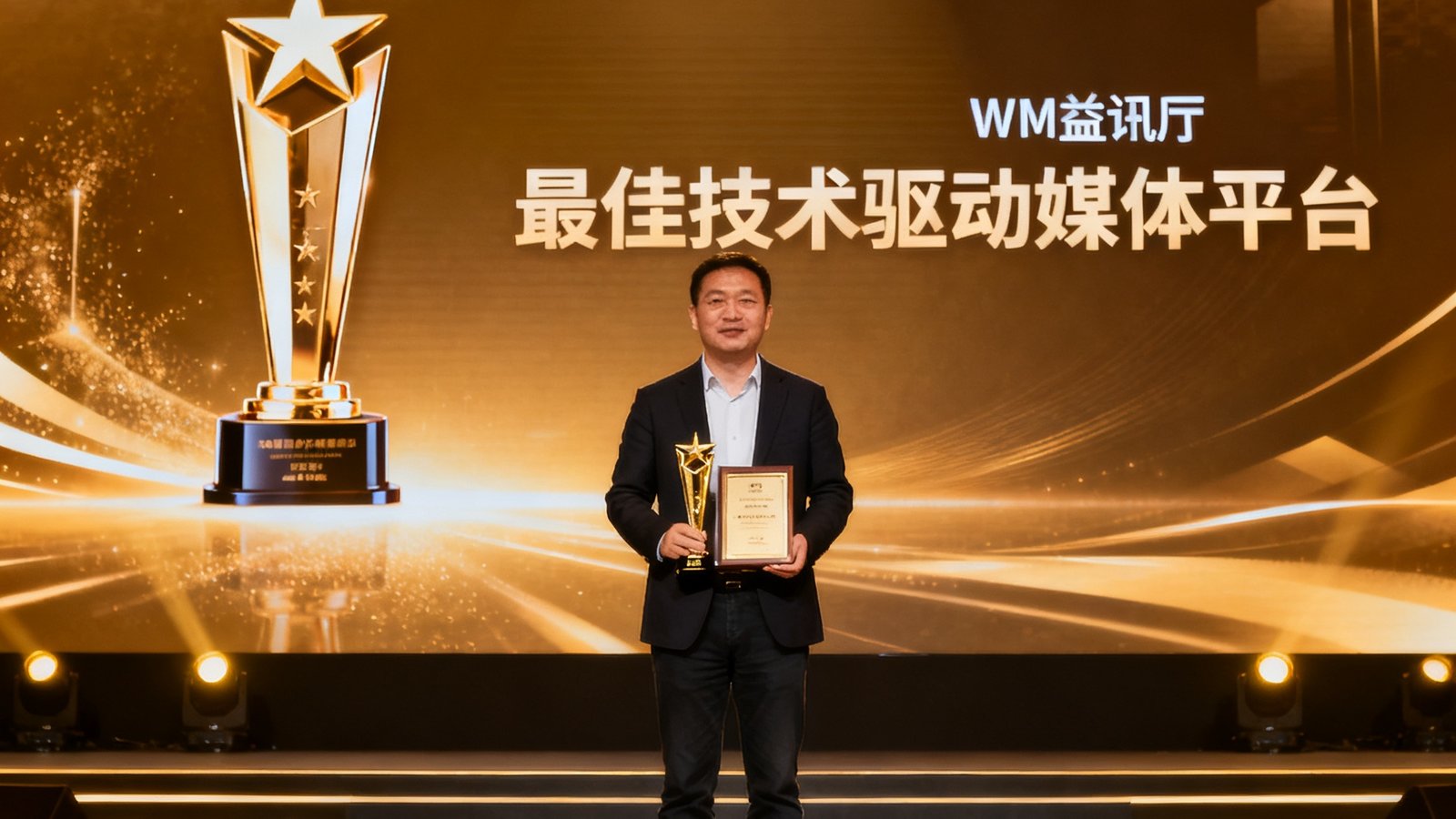 2024中国户外媒体创新大会颁奖典礼现场，WM视讯厅代表在台上领奖，背景大屏幕显示最佳技术驱动媒体平台奖杯图案