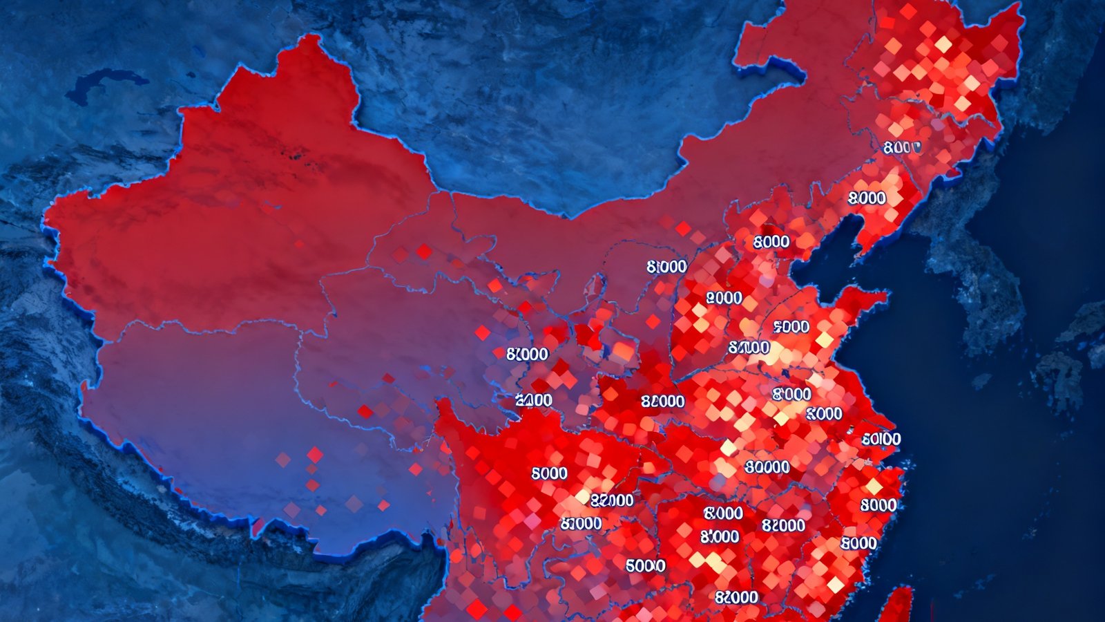 WM视讯后台点位查询系统界面，地图上以热力色块展示全国82000多个智能屏点位的分布密度，红色区域表示高密度商圈，支持按城市和场景类型筛选