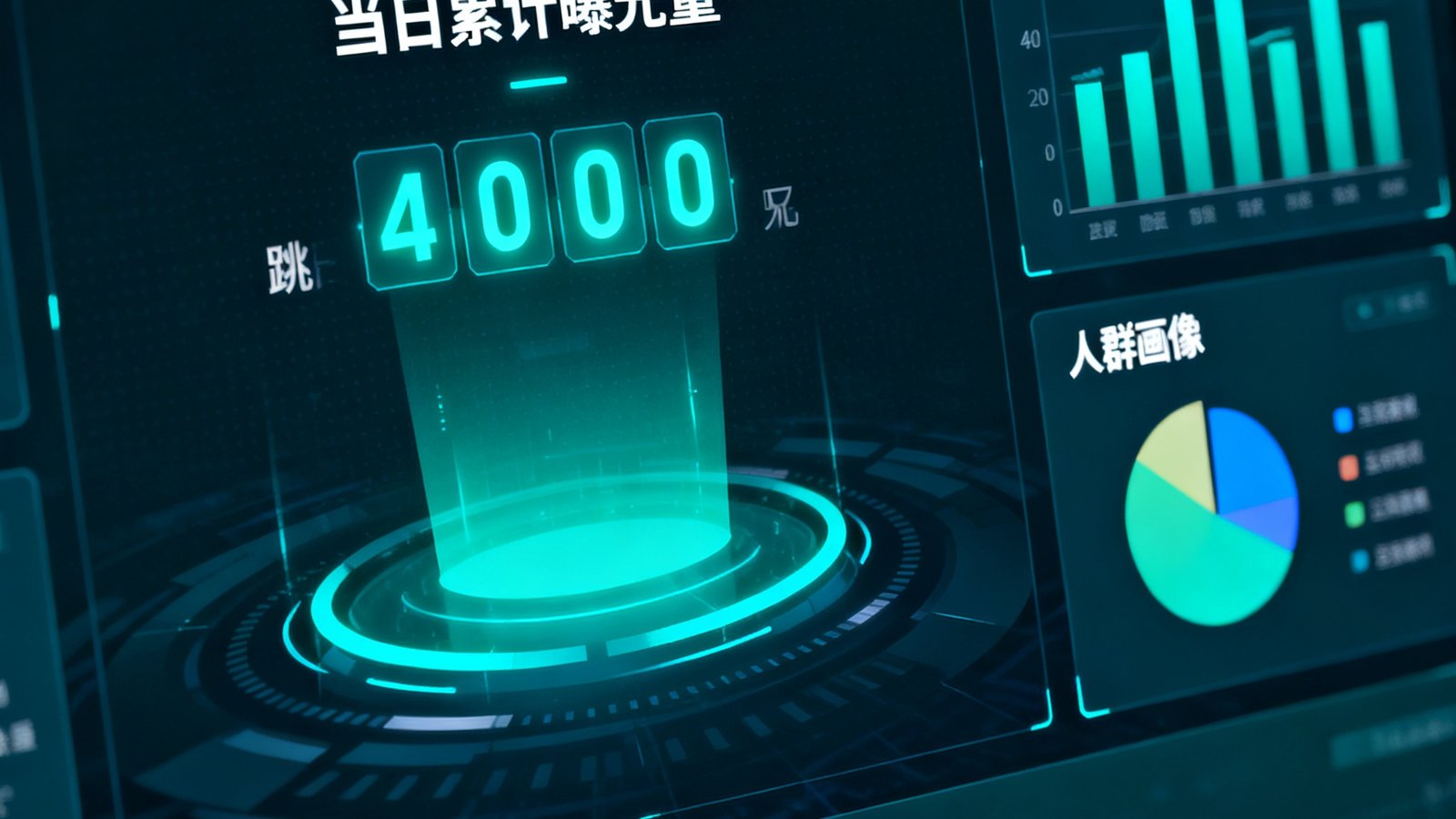 WM视讯数据监控大屏，中央显示当日累计曝光量数字跳动，右侧为每小时完播率柱状图和人群画像饼图，底部滚动展示各点位在线状态