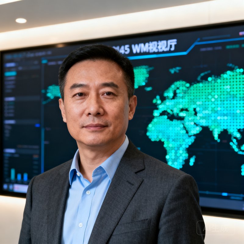 WM视讯厅创始人兼CEO陈明远，45岁，身穿深灰色西装搭配浅蓝色衬衫，背景为全国点位监控大屏，表情沉稳自信