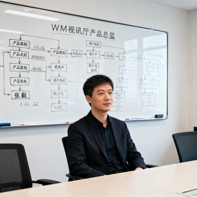 WM视讯厅产品总监张毅，32岁，短发干练，坐在会议室白板前，白板上画满了产品架构图和用户流程线框图